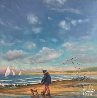 Peter walking Jake on Ballyhome Beach, NI